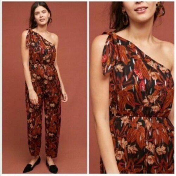 Maeve Accessories - Anthropologie Sz 2 Maeve Kyoto Metallic Floral Jumpsuit Brown One Shoulder Crepe